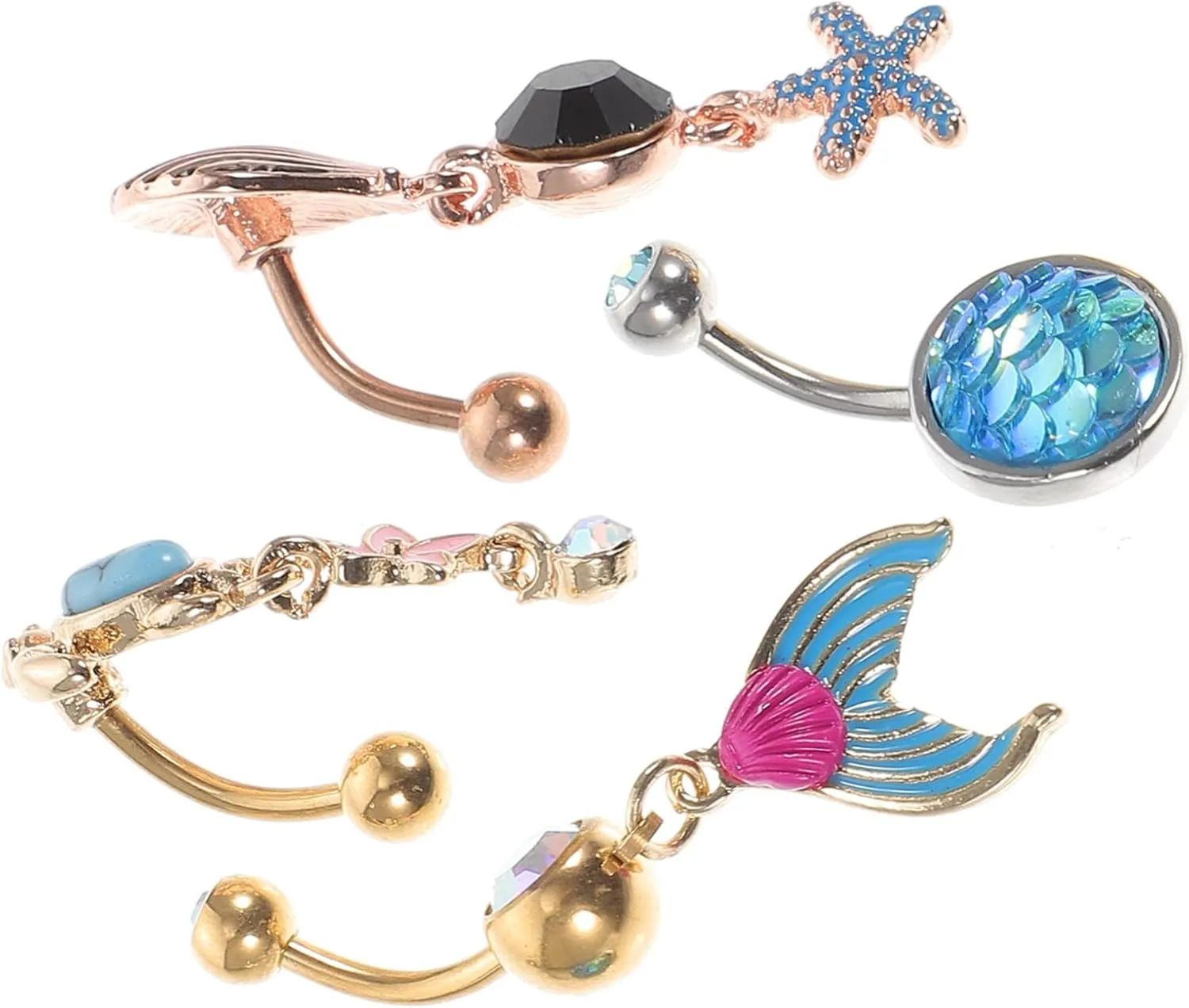 Flower Turtle Mermaid Shell Belly Button Rings 4 Piece Set Stylish Stainless Steel Piercing Jewelry for Women
