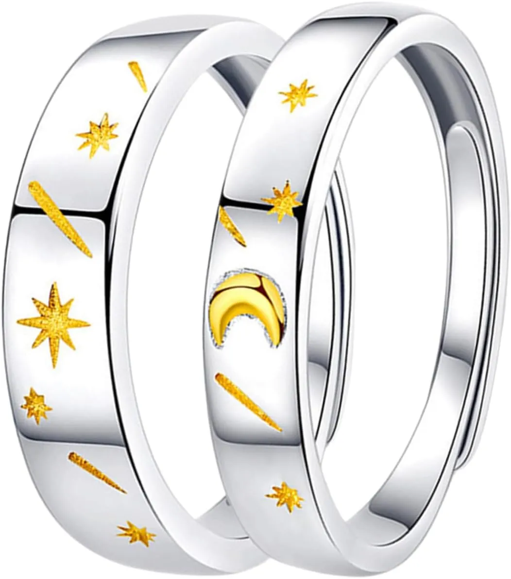 FRCOLOR 2pcs Couples Promise Rings Silver Open Adjustable Finger Jewelry for Wedding Anniversary