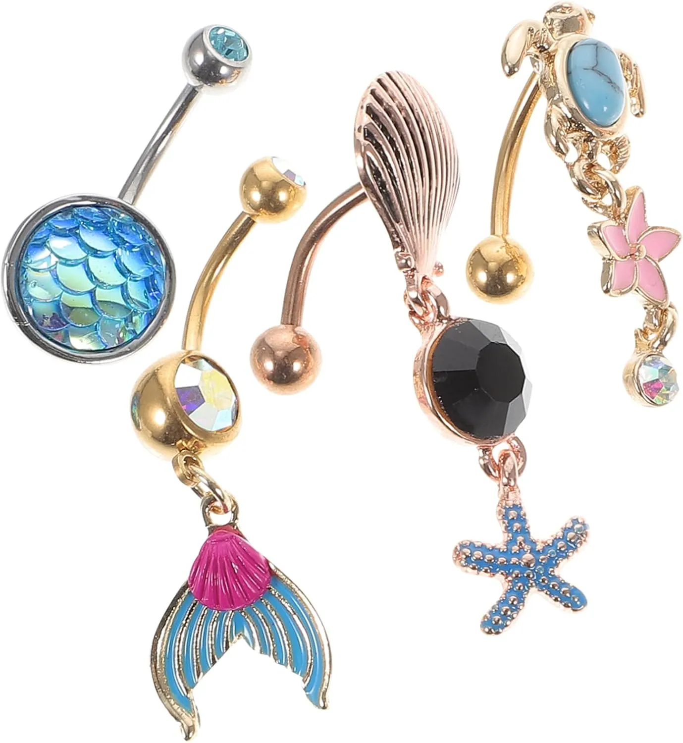 FRCOLOR 4Pcs Navel Belly Button Ring Flower Turtle Mermaid Shell Designs Cute Belly Rings for Women Dazzling Body Piercing Jewelry for Everyday Wear