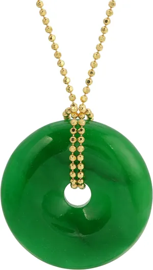 Geen Jade Donut Pendant with 17.5-22 Inches Gold Plated Over 925 Sterling Silver Chain. Lucky Green Jade Donut Pendant for a Jade Lover.