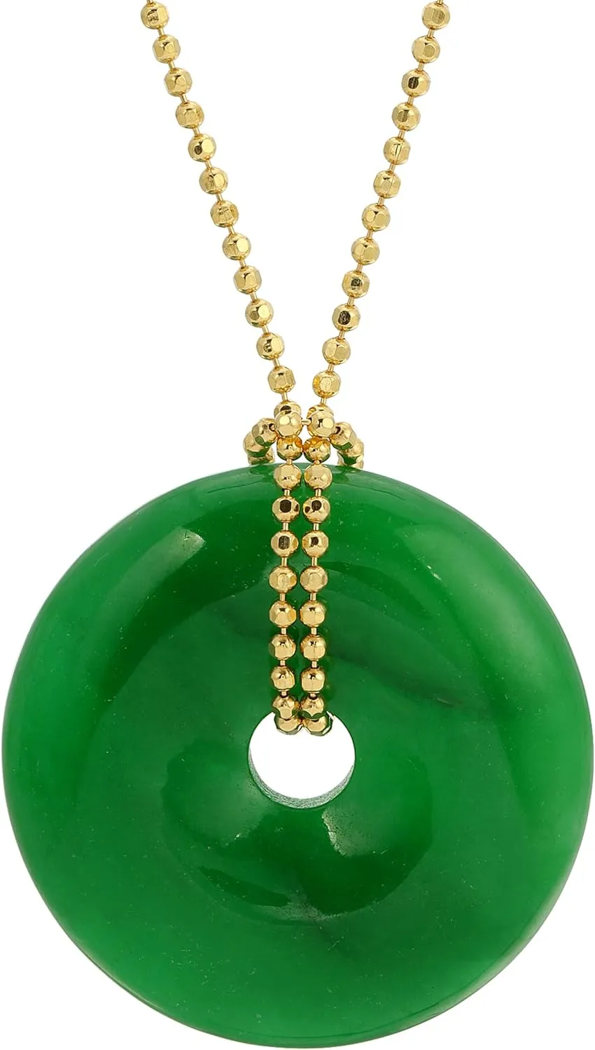 Geen Jade Donut Pendant with 17.5-22 Inches Gold Plated Over 925 Sterling Silver Chain. Lucky Green Jade Donut Pendant for a Jade Lover.