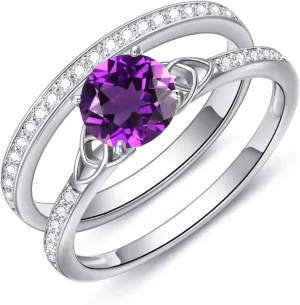 Gemstone Engagement Ring Set for Women 10K 14K 18K Solid Gold Gemstone Bridal Wedding Ring Set for Her Gemstone Celtic Rings Wedding Band Anniversary Promise Rings