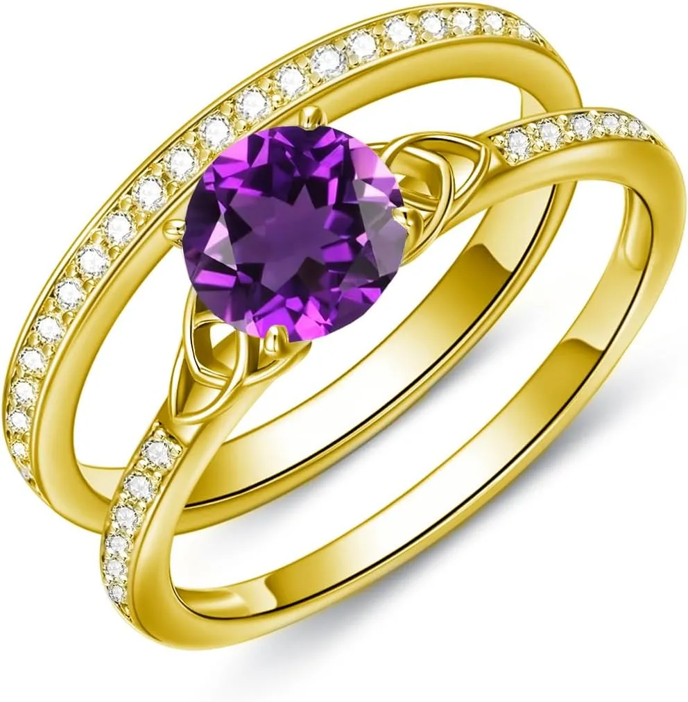Gemstone Engagement Ring Set for Women 10K 14K 18K Solid Gold Gemstone Bridal Wedding Ring Set for Her Gemstone Celtic Rings Wedding Band Anniversary Promise Rings