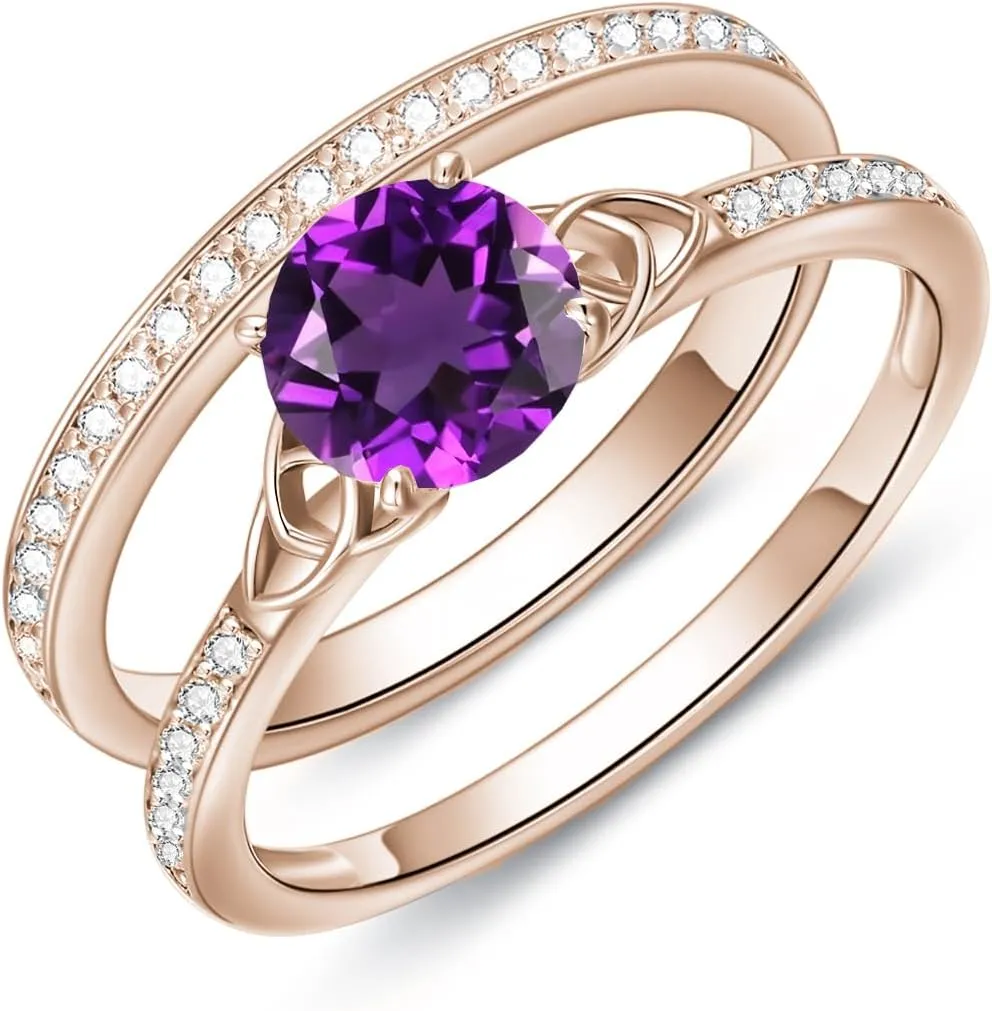 Gemstone Engagement Ring Set for Women 10K 14K 18K Solid Gold Gemstone Bridal Wedding Ring Set for Her Gemstone Celtic Rings Wedding Band Anniversary Promise Rings