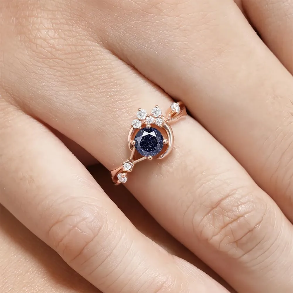 Gemstone Engagement Rings for Women Gemstone Ring Unique Moon Star Ring 10K 14K 18K White Yellow Rose Gold Gemstone Engagement Ring Anniversary Promise Ring