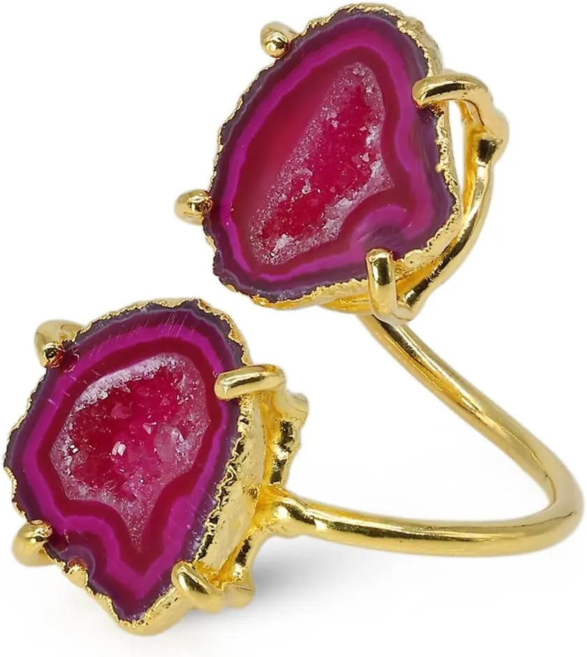 Geode Druzy Agate Quartz Crystal Two Station Gemstone Prong Setting Adjustable Rings, Gold and Silver Plated, Stone Size 15-20mm, Adjustable Shank for US Scale 6-8