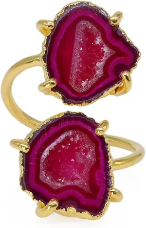 Geode Druzy Agate Quartz Crystal Two Station Gemstone Prong Setting Adjustable Rings, Gold and Silver Plated, Stone Size 15-20mm, Adjustable Shank for US Scale 6-8