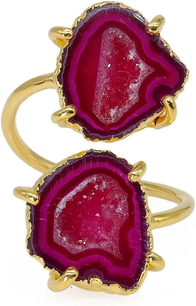 Geode Druzy Agate Quartz Crystal Two Station Gemstone Prong Setting Adjustable Rings, Gold and Silver Plated, Stone Size 15-20mm, Adjustable Shank for US Scale 6-8