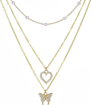Gold Heart Butterfly Pendant Layered Necklaces, Cheap Rhinestone Gold Butterfly Heart Pearl Chain Layering Necklaces for Women Trendy