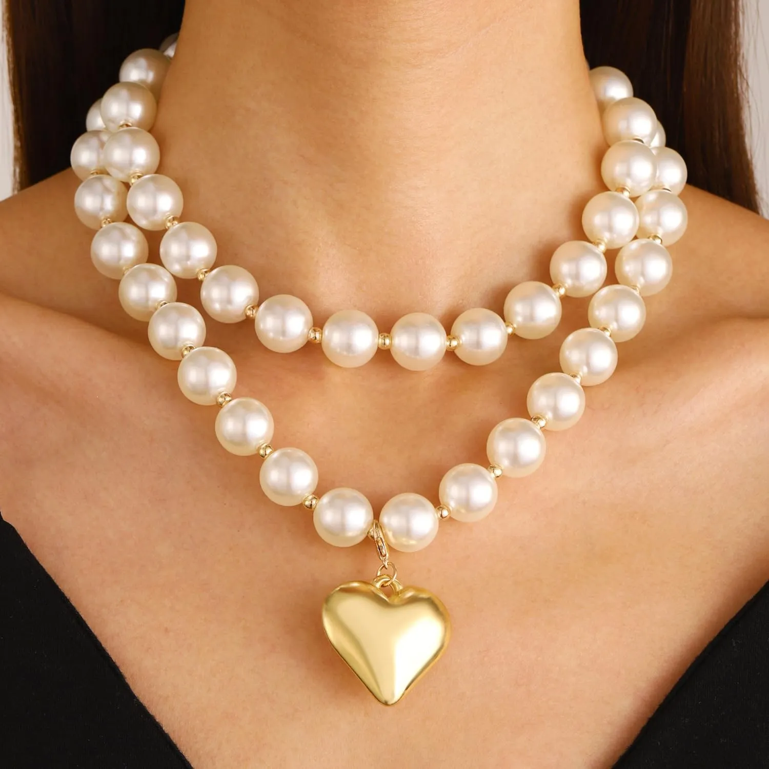 Gold Heart Necklaces and Bracelet Set for Women Chunky Puffy Heart Choker Necklace Big Heart Pendant Pearl Necklace Trendy Prom Jewelry Y2k Accessories (Pearl Gold)