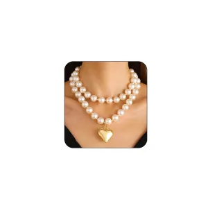 Gold Heart Necklaces and Bracelet Set for Women Chunky Puffy Heart Choker Necklace Big Heart Pendant Pearl Necklace Trendy Prom Jewelry Y2k Accessories (Pearl Gold)