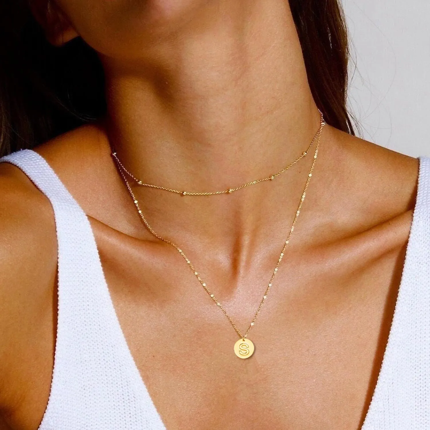 Gold Initial Necklaces for Women Layered Dainty Letter Coin Necklace for Teen Girls Trendy 14k Gold Plated Choker Name Pendant Cute Simple Stacking Charm Chain Jewelry Gift