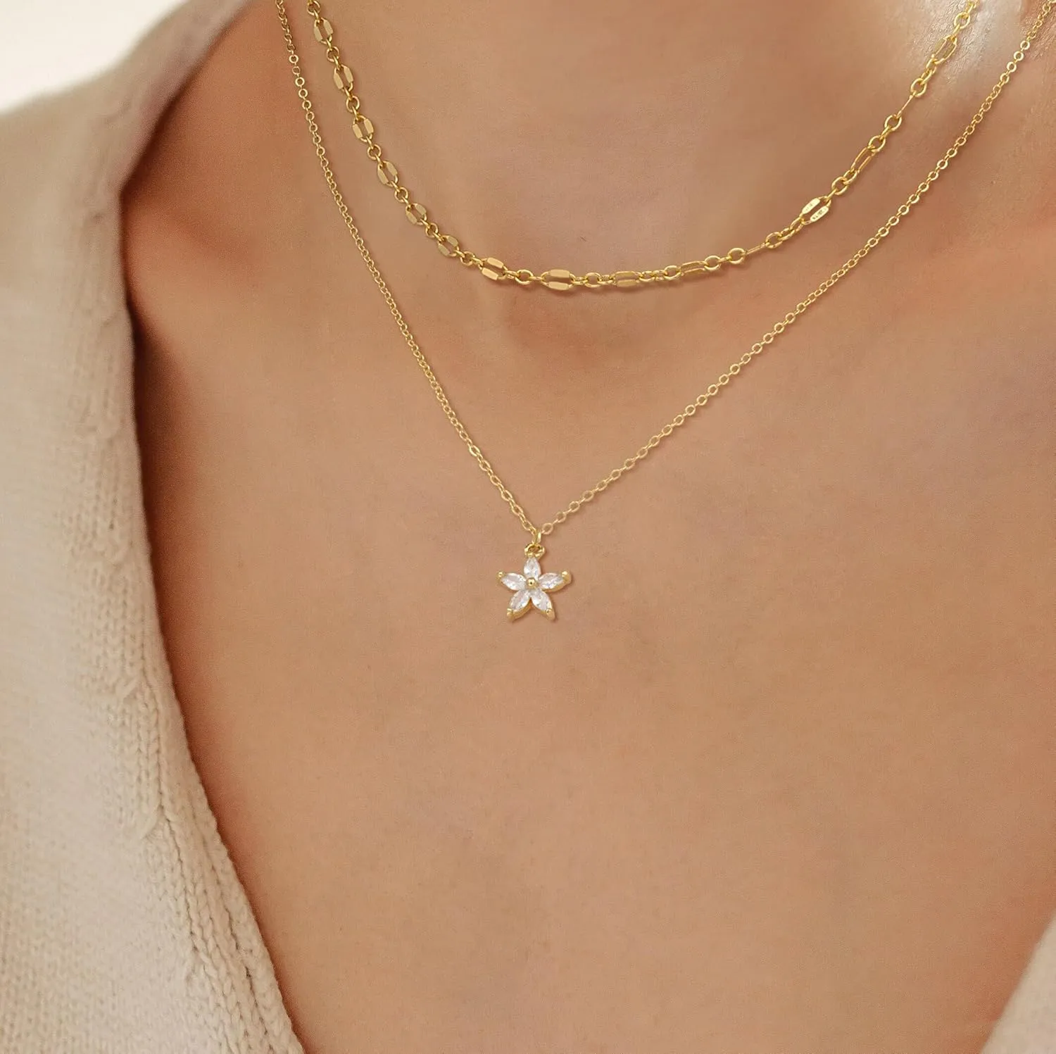 Gold Layered Necklace for Women, Dainty 14K Gold Plated CZ Diamond Pendant Necklace, Paperclip Satellite Cuban Lip Chain Choker Necklaces Jewelry Gift for Women Trendy