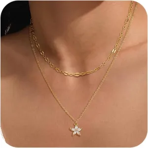 Gold Layered Necklace for Women, Dainty 14K Gold Plated CZ Diamond Pendant Necklace, Paperclip Satellite Cuban Lip Chain Choker Necklaces Jewelry Gift for Women Trendy