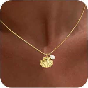 Gold Necklaces for Women Trendy, Dainty Starfish Seashell Necklace 14k Cute Gold Shell Pendant Necklace Pearl Necklaces for Women Charm Summer Beach Jewelry Gifts