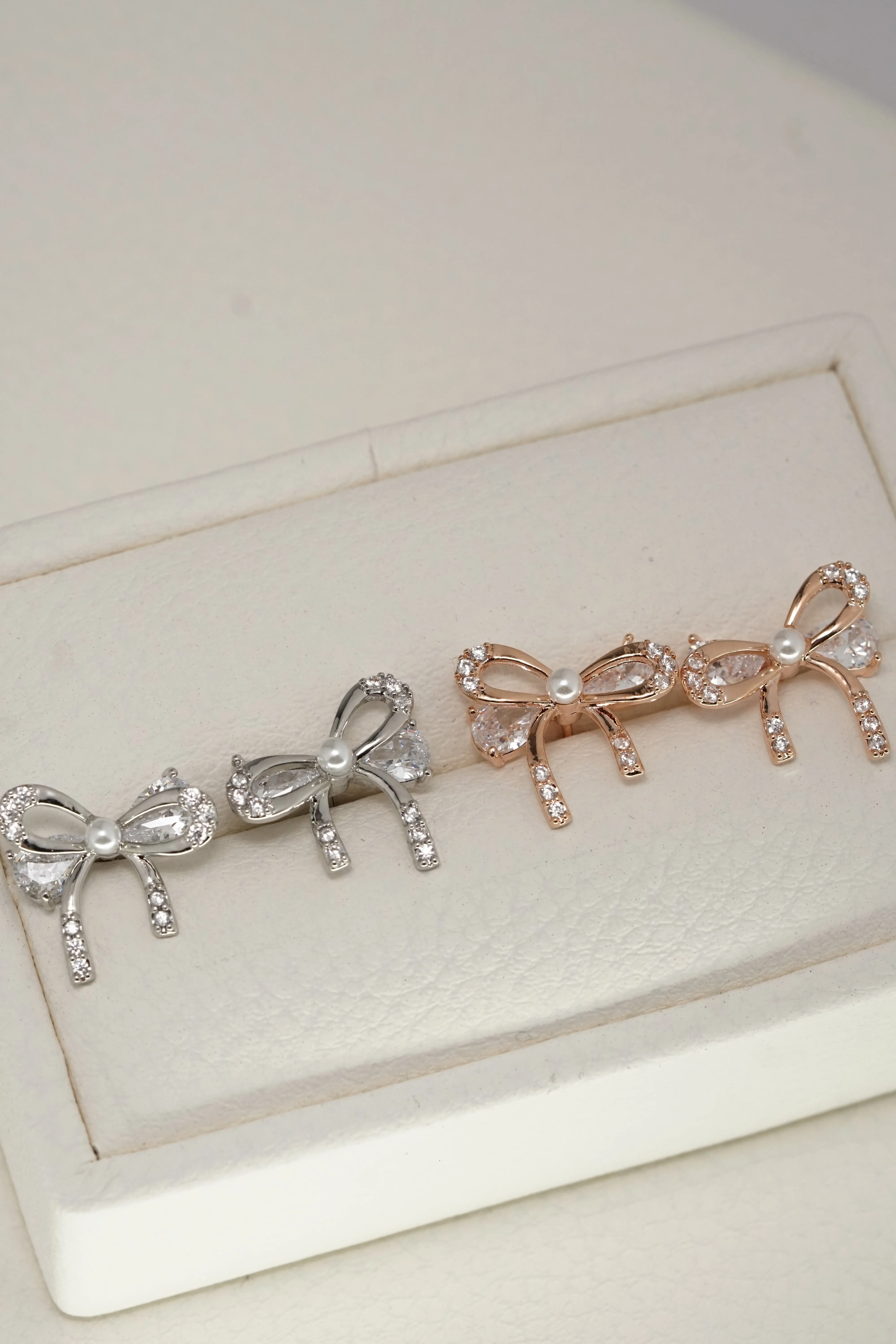 Gold Plated Pearl Bow Tie Ribbon Stud Earring