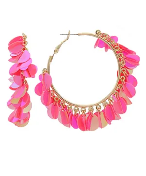 Gold Sequin Hoop Earrings - Hot Pink