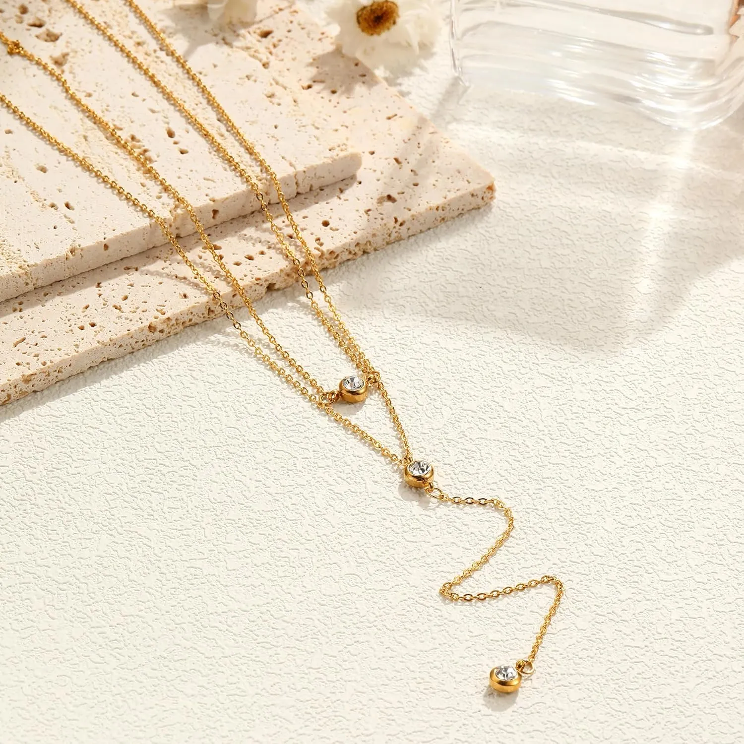Gold Y Necklace Y-Shaped Drop Necklace for Women Stainless Steel Long Lariat Necklaces Dainty Layer CZ Pearl Heart Star Pendant Necklaces