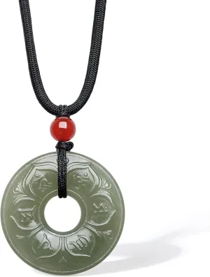 Healing Jade Pendant Necklace Peace Buckle Pendant Natural Green Jade Nephrite Gemstone Round Pendant Adjustable Black Braided Necklace for Women Men 25.6-29.5"(65-75cm) Y0414121