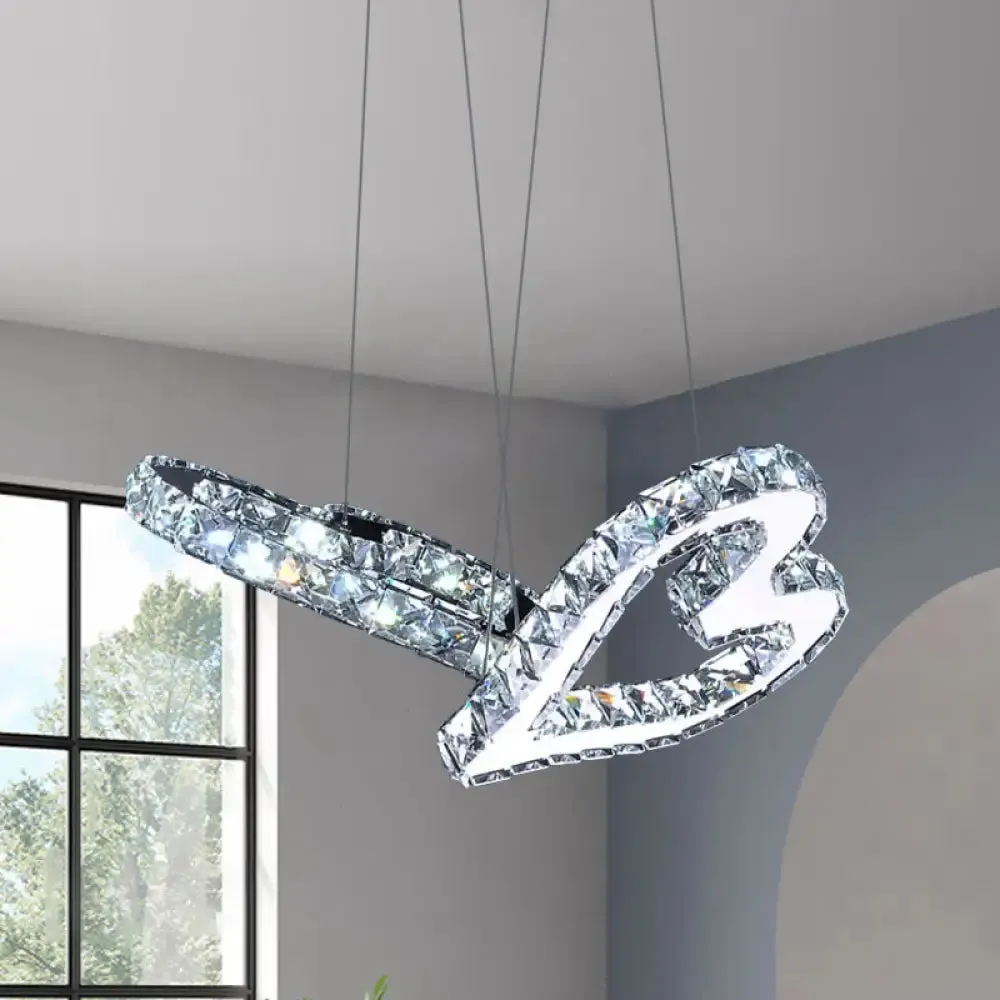 Heart Pendant Crystal LED Ceiling Lamp in Stainless Steel with Warm/White Light for Modern Bedrooms