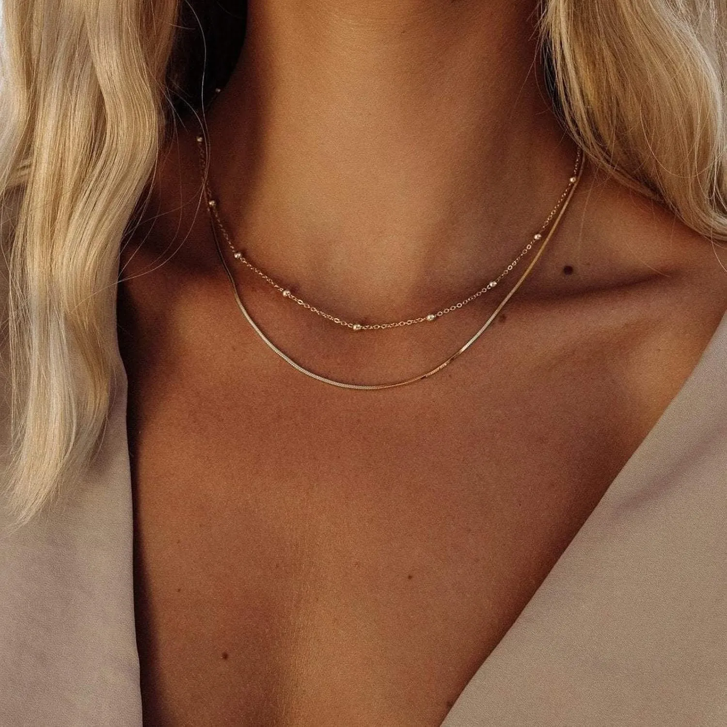 Herringbone Necklace for Women,Dainty Gold Necklace,14k Gold Plated Snake,Gold Chain Choker Necklaces,Simple Gold Layered Necklaces,Gold Jewelry Gift for Women