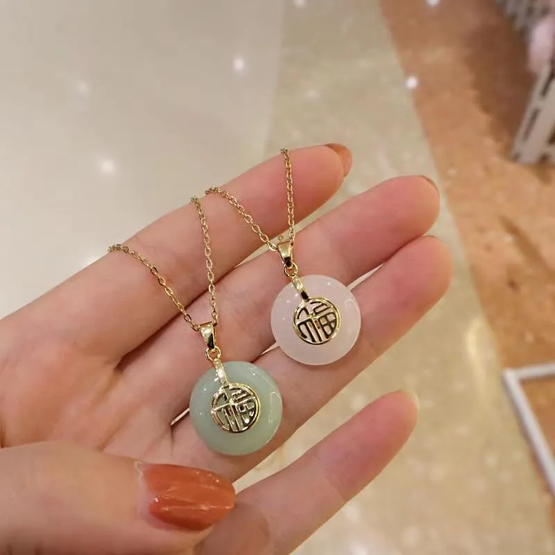 Hetian Jade Fu Word Peace Buckle Necklace Jade Pendant Necklace Jade Good Luck Necklace Chinese Fu Pendant Necklace Fortune Pendant Necklace for Women(White Jade)