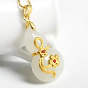 Hetian Jade Gourd Pendant Gold Jade Lucky Amulet FuLu Pendant Necklace for Women Men Jewelry