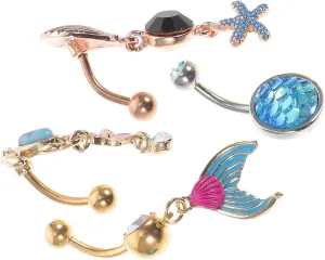 Homoyoyo Flower Turtle Mermaid Shell Belly Button Rings Set 4pcs Stainless Steel Navel Piercing Jewelry for Couples