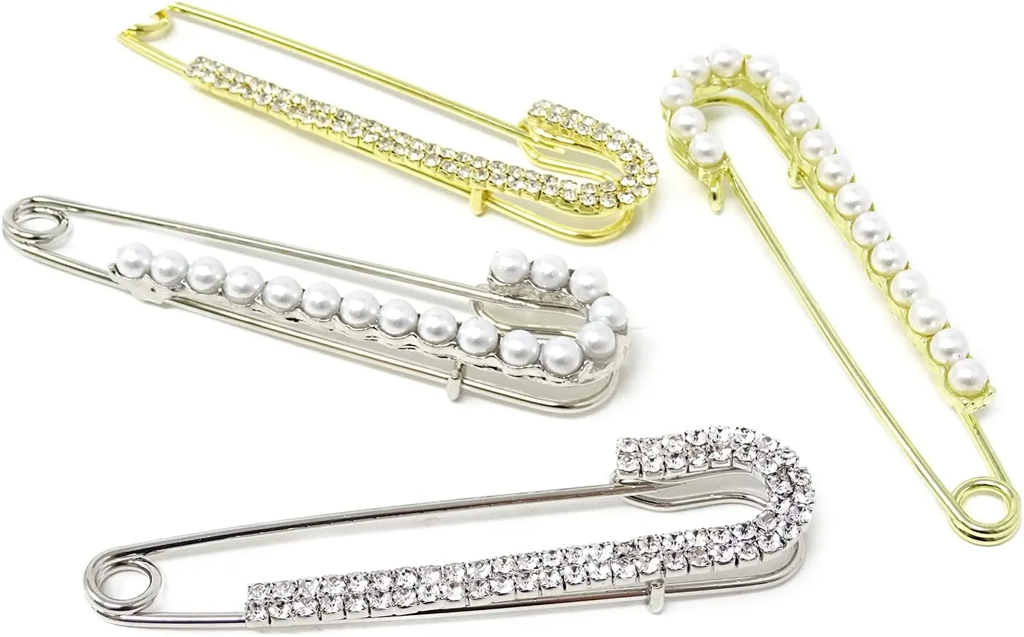 Honbay 4PCS Women Brooch Pins Sparkly Crystal Rhinestone Pearl Brooches Sweater Shawl Clips Bag Scarf Decoration Safety Pins Pants Waistline Reduction Pins