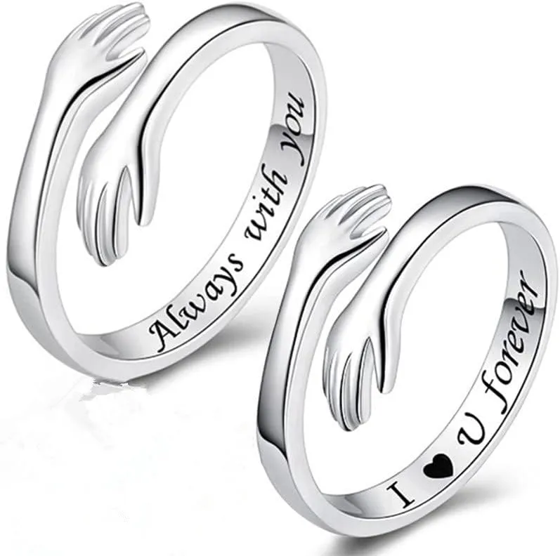 Hug Couple Rings Pair Ring 925 Sterling Silver Couple Rings Adjustable Couple Matching Rings Valentine's Day Engagement Wedding Band Set for Couples Promise Couple Ring,H