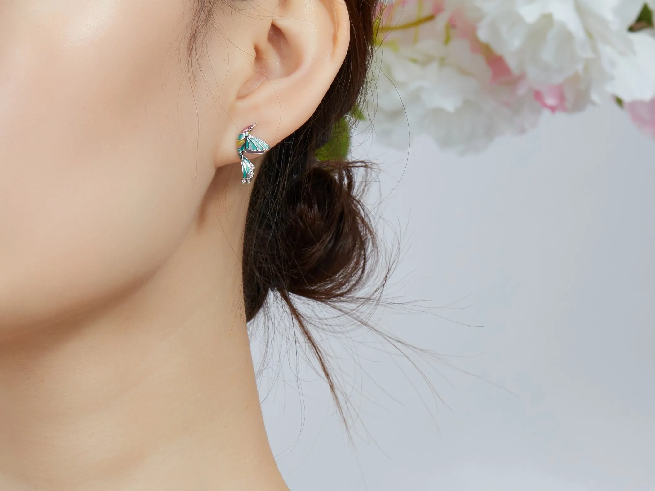 Hummingbirds Green Enamel Silver Stud Earrings