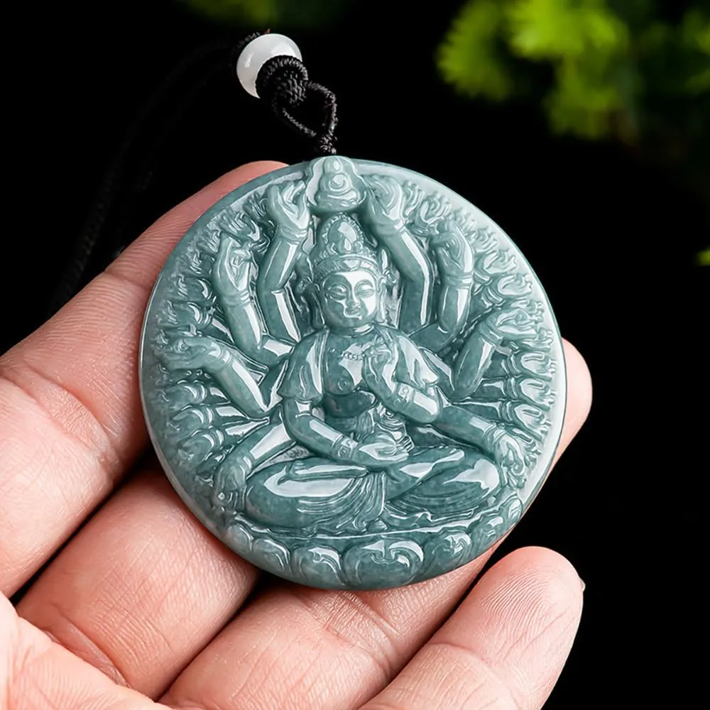 Jade Buddha Necklace, Guan Yin Pendant Necklace, Hand Carved Natural Grade A Jadeite Certified Lucky Amulet, Quan Yin Buddha Pendant Necklaces Feng Shui Jewelry Gifts for Women Men