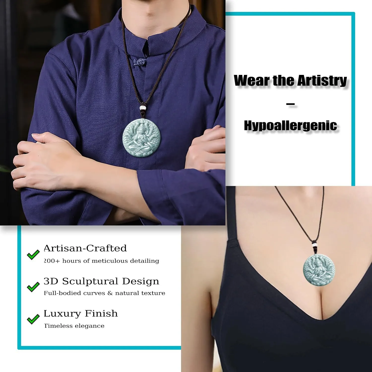 Jade Buddha Necklace, Guan Yin Pendant Necklace, Hand Carved Natural Grade A Jadeite Certified Lucky Amulet, Quan Yin Buddha Pendant Necklaces Feng Shui Jewelry Gifts for Women Men