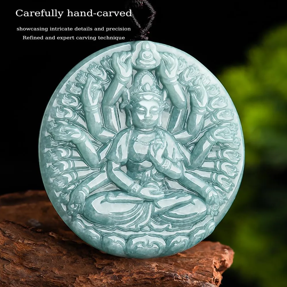 Jade Buddha Necklace, Guan Yin Pendant Necklace, Hand Carved Natural Grade A Jadeite Certified Lucky Amulet, Quan Yin Buddha Pendant Necklaces Feng Shui Jewelry Gifts for Women Men