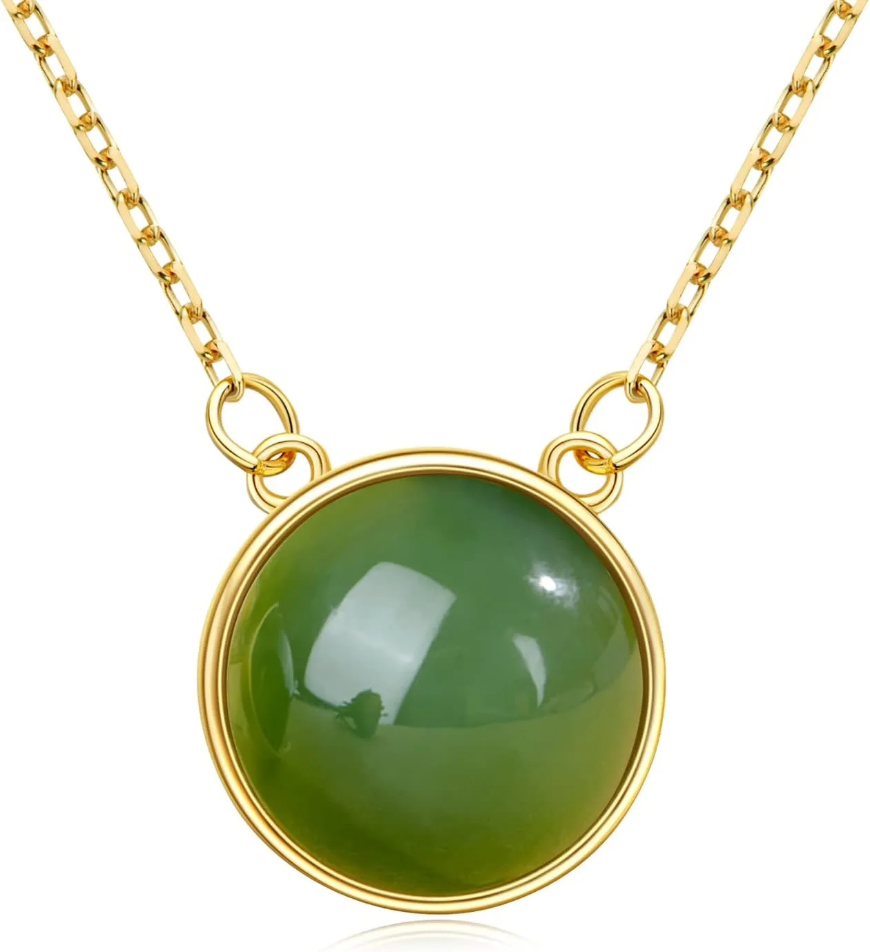 Jade Necklace for Women, Natural Real Green Jade Sterling Silver 14k Yellow Gold Plated Circle Pendant Necklace, Christmas Jewelry Gifts for Wife Mom (Size:12mm)