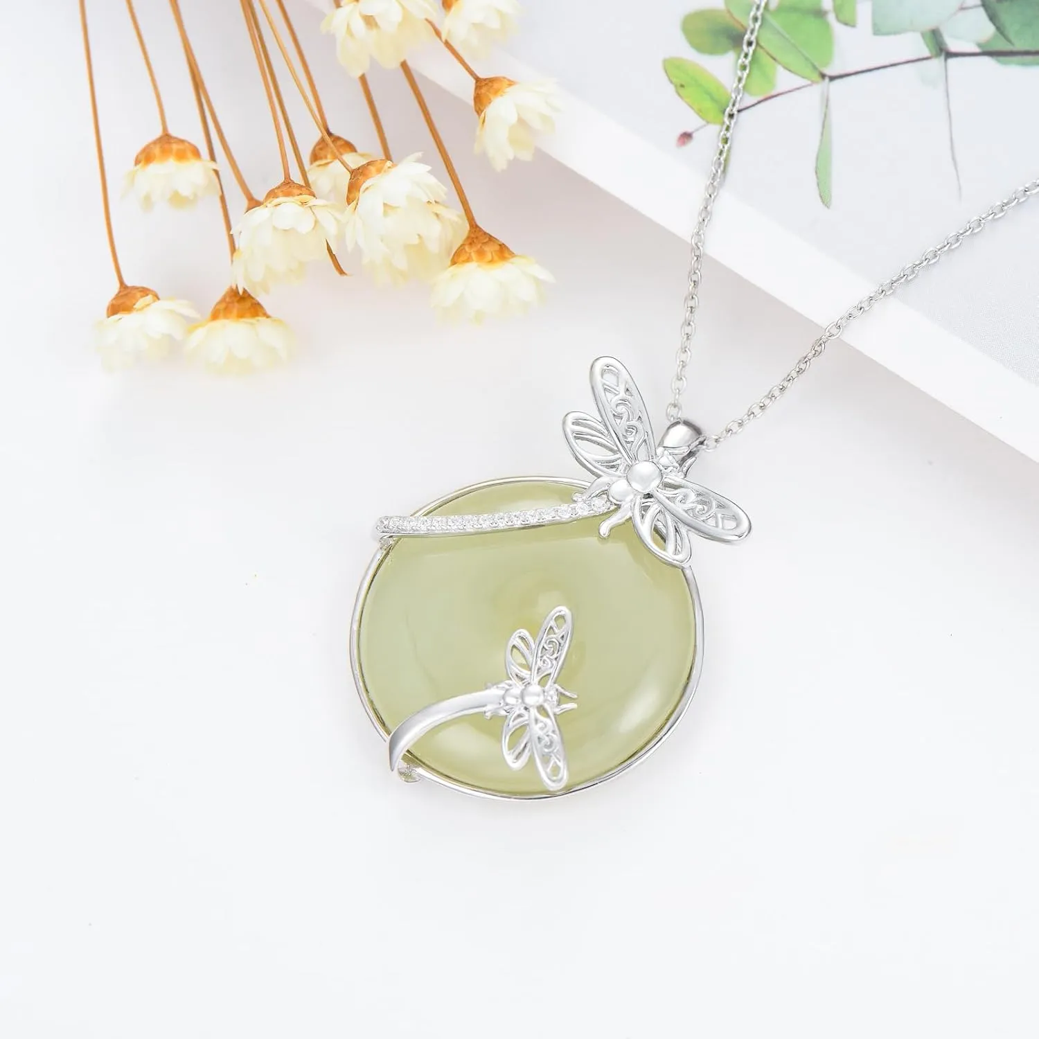Jade Necklace for Women Sterling Silver Round Cat/Hummingbird/Dragonfly/Butterfly/Bee Natural Jade Jewelry Birthday Christmas Gifts Women Mom Wife Grandma