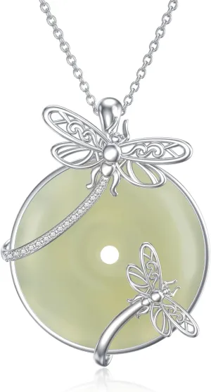 Jade Necklace for Women Sterling Silver Round Cat/Hummingbird/Dragonfly/Butterfly/Bee Natural Jade Jewelry Birthday Christmas Gifts Women Mom Wife Grandma