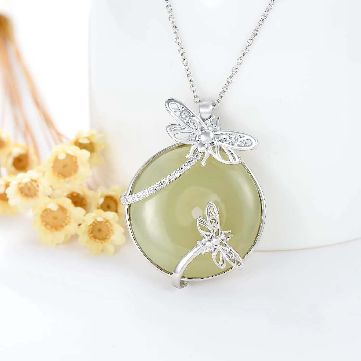 Jade Necklace for Women Sterling Silver Round Cat/Hummingbird/Dragonfly/Butterfly/Bee Natural Jade Jewelry Birthday Christmas Gifts Women Mom Wife Grandma