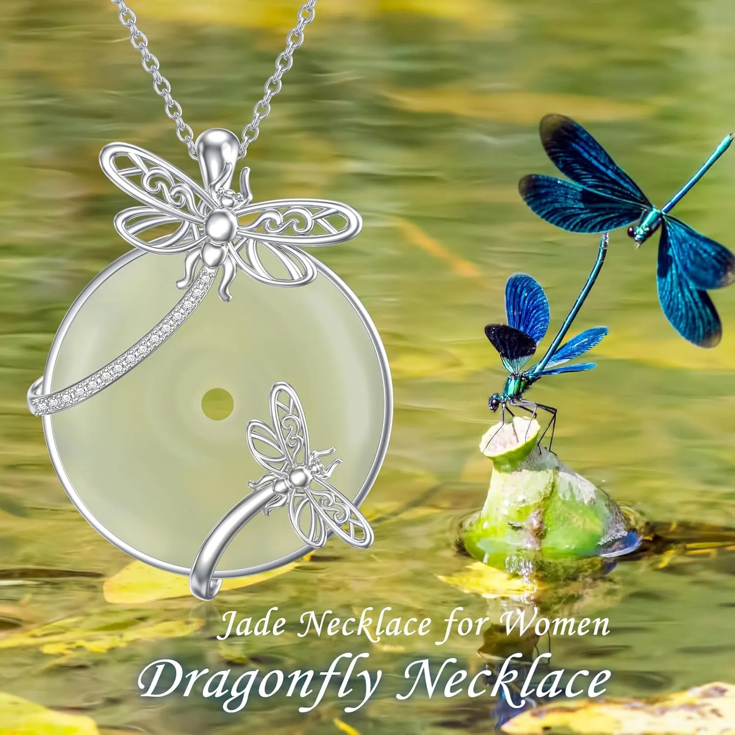Jade Necklace for Women Sterling Silver Round Cat/Hummingbird/Dragonfly/Butterfly/Bee Natural Jade Jewelry Birthday Christmas Gifts Women Mom Wife Grandma