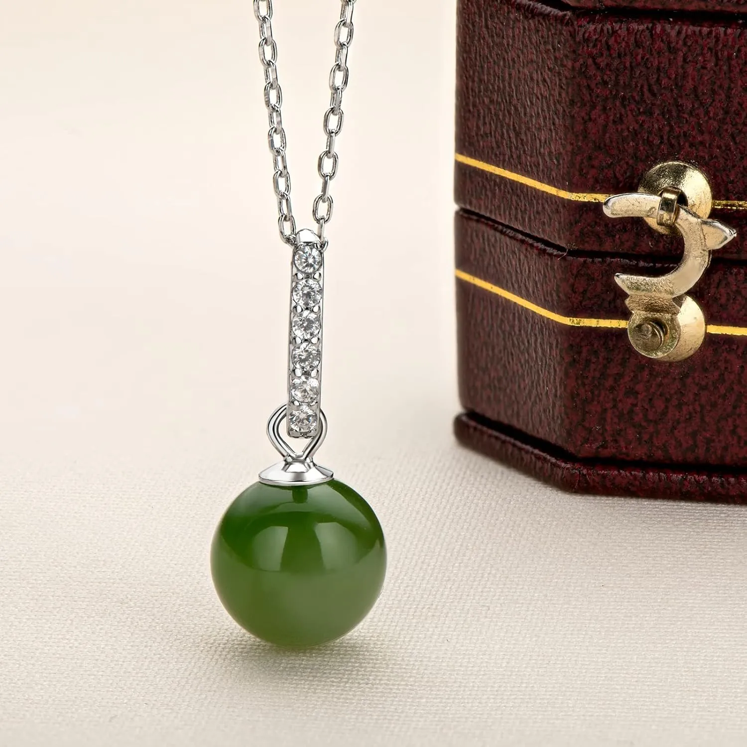 Jade Necklace for Women,Sterling Silver Natural Real Green Round Jade Hypoallergenic CZ Pendant Necklace Christmas Jewelry Gifts for Wife Mom (Size:12mm)