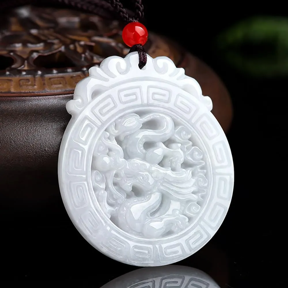 Jade Necklace, Hand Carved Natural Jade Dragon Necklace Pendant, Grade A Untreated Jadeite Feng Shui Necklaces for Women and Men, Zodiac Stone Amulet for Bring Wealth Fortune and Luck