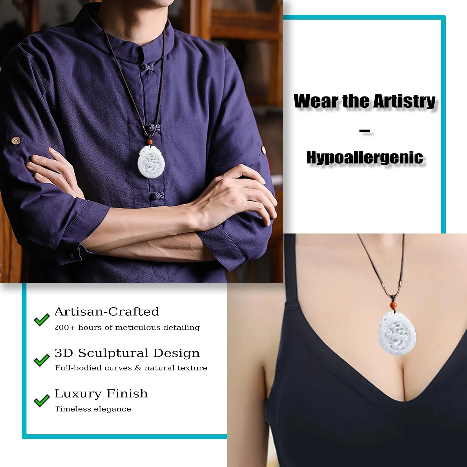Jade Necklace, Hand Carved Natural Jade Dragon Necklace Pendant, Grade A Untreated Jadeite Feng Shui Necklaces for Women and Men, Zodiac Stone Amulet for Bring Wealth Fortune and Luck