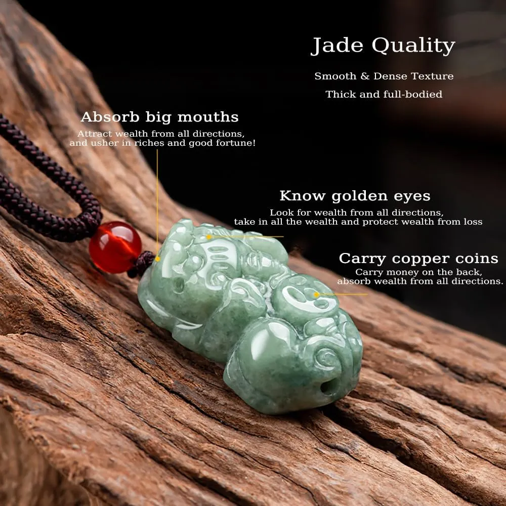 Jade Necklace, Pi Xiu Necklace Pendant, Double-sided Hand Carved Grade A Untreated Natural Jadeite Feng Shui Necklaces, Porsperity Attract Wealth Lucky Amulet for Women and Men