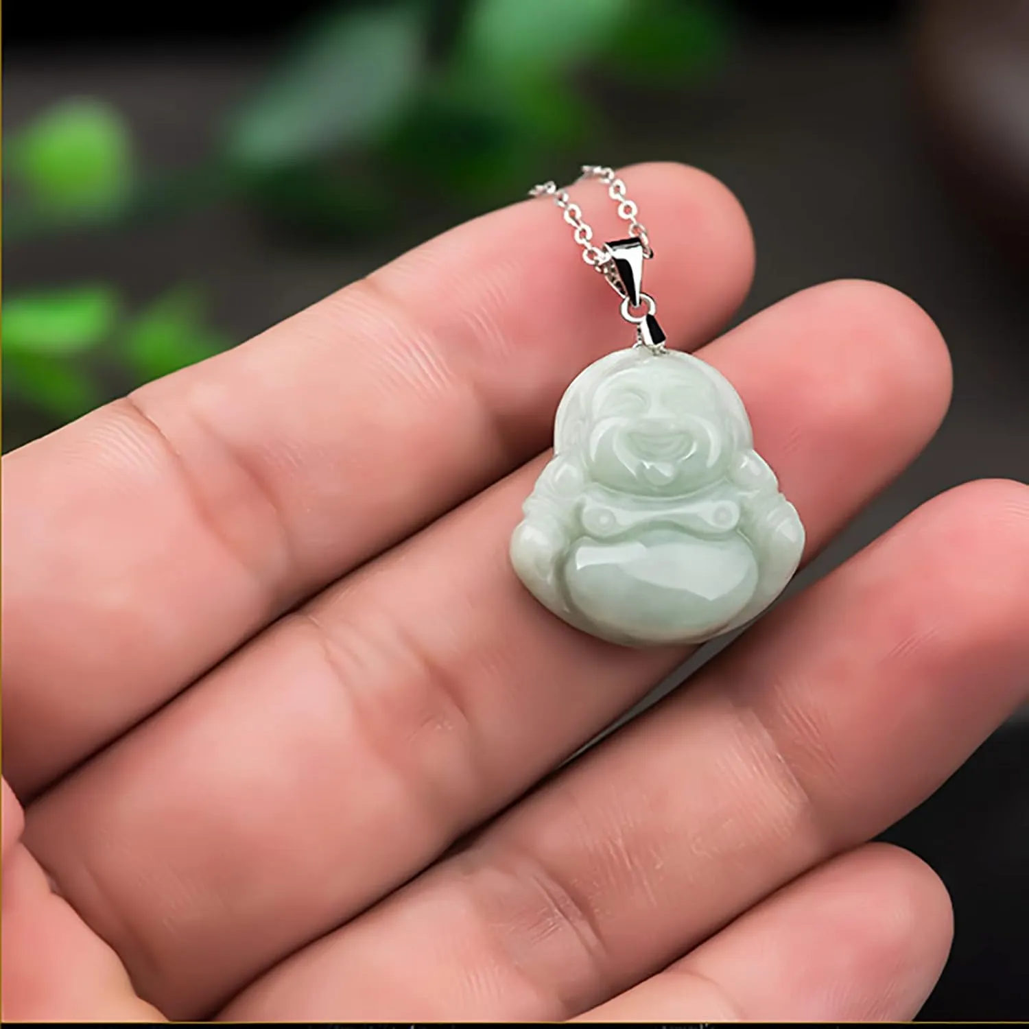 Jade Pendant Green Natural Real Laughing Buddha Necklace - Good Luck 925 Silver Chain Amulet Jewelry Gifts