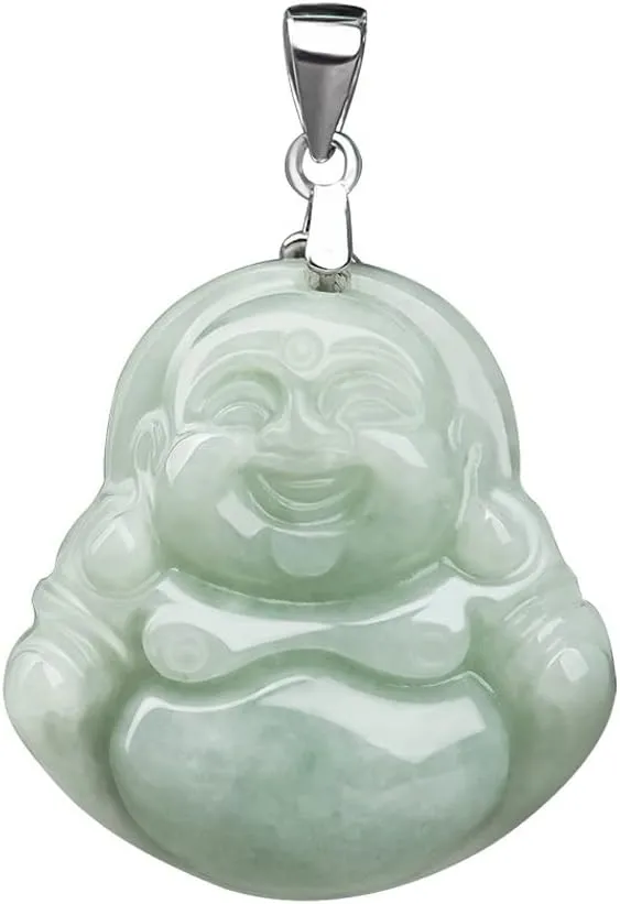 Jade Pendant Green Natural Real Laughing Buddha Necklace - Good Luck 925 Silver Chain Amulet Jewelry Gifts