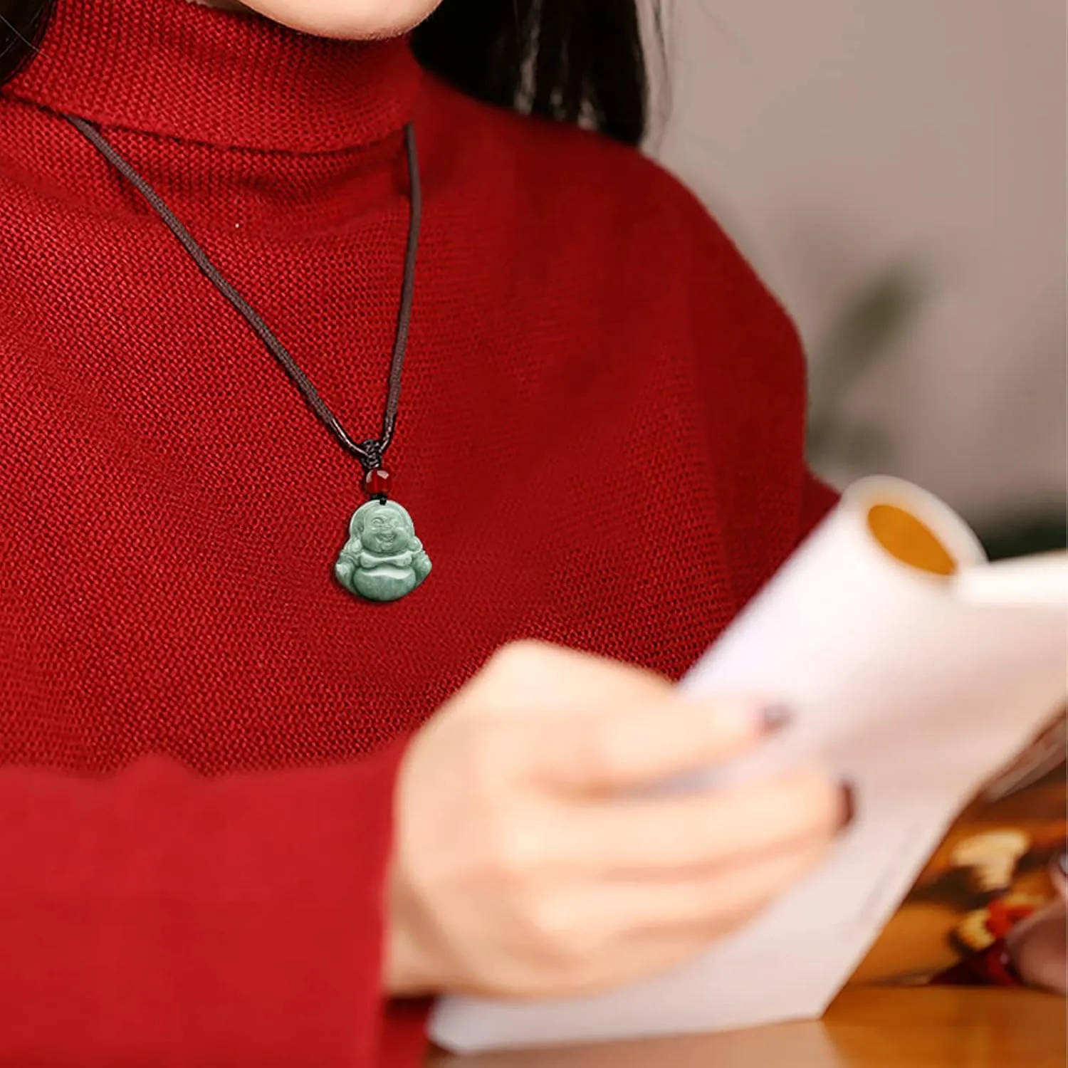 Jade Pendant Green Natural Real Laughing Buddha Necklace - Good Luck 925 Silver Chain Amulet Jewelry Gifts
