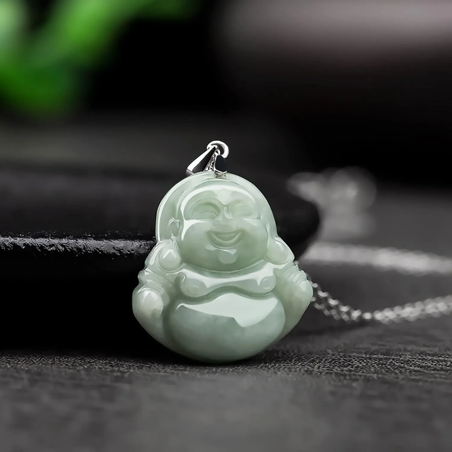 Jade Pendant Green Natural Real Laughing Buddha Necklace - Good Luck 925 Silver Chain Amulet Jewelry Gifts