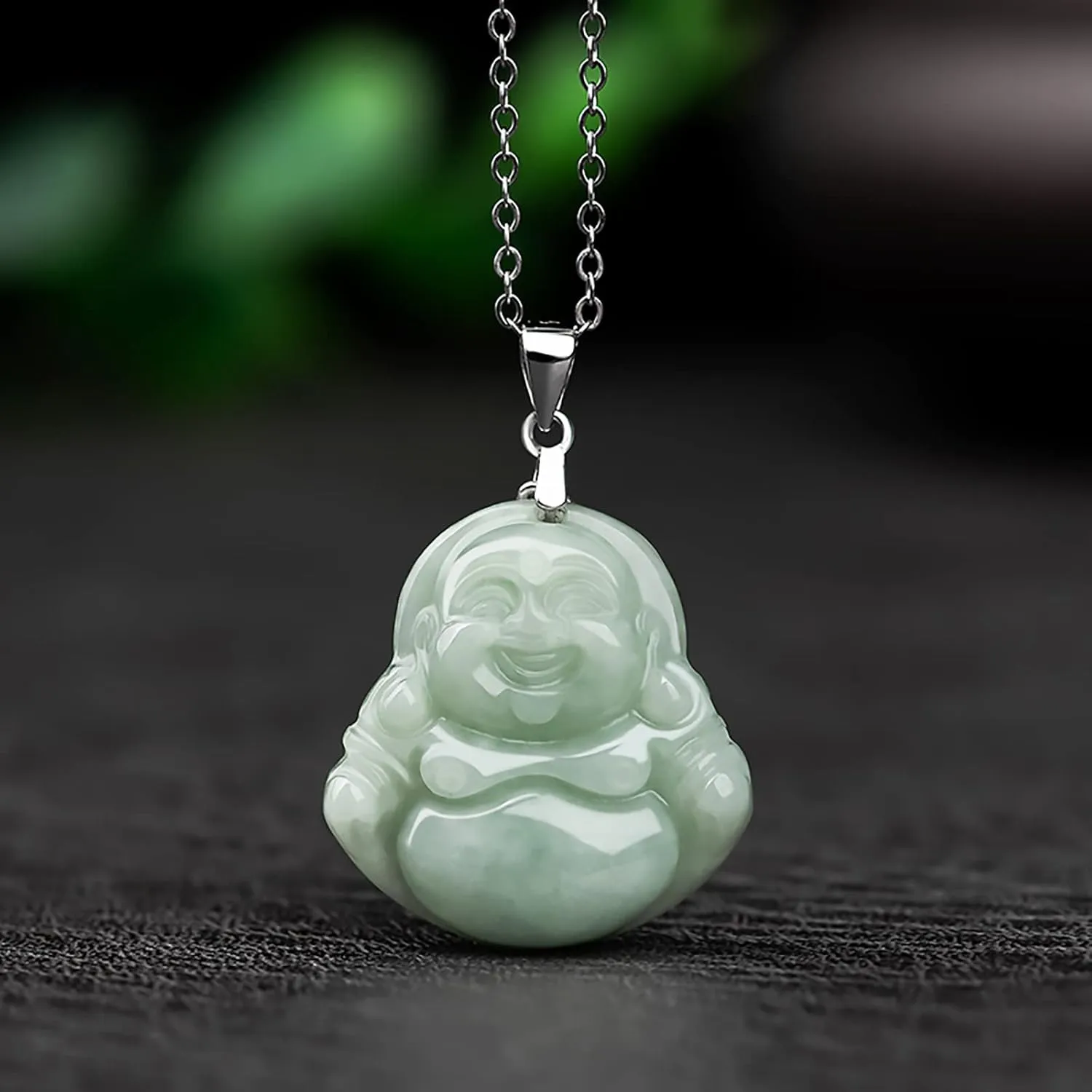 Jade Pendant Green Natural Real Laughing Buddha Necklace - Good Luck 925 Silver Chain Amulet Jewelry Gifts