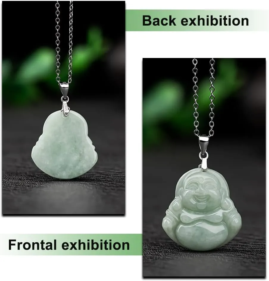 Jade Pendant Green Natural Real Laughing Buddha Necklace - Good Luck 925 Silver Chain Amulet Jewelry Gifts