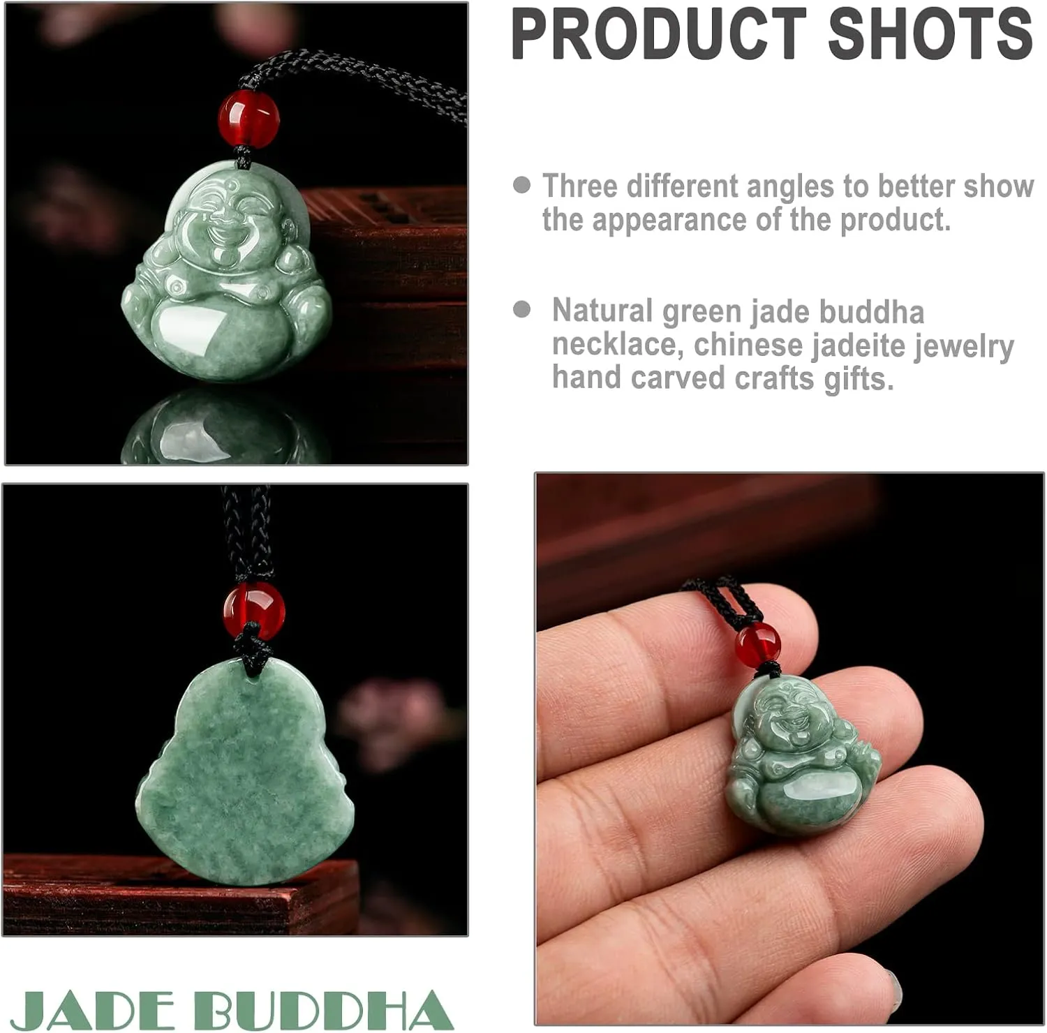 Jade Pendant Green Natural Real Laughing Buddha Necklace - Good Luck 925 Silver Chain Amulet Jewelry Gifts